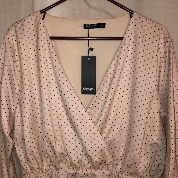 Nasty Gal 14 Well Spotted Peplum Bell Sleeve Faux Wrap Cream Brown Polka Top - Picture 6 of 16